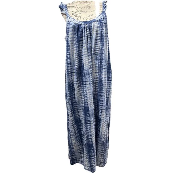 Vince Camuto Tie Dye Midi Dress L Blue Linen Blend Beachy Coastal Vacation - Picture 1 of 8
